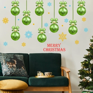 Merry Christmas wall stickers with green ornaments and snowflakes for bedroom decoration