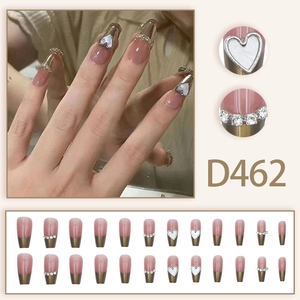 Pink to brown gradient French press-on nails with 3D white hearts and rhinestones
