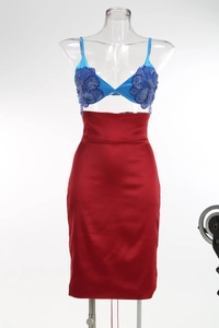 Haut à fleurs bleues et paillettes avec jupe en satin rouge à taille haute
