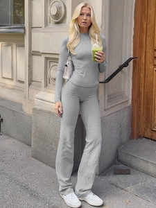 Women Solid Color Knitted Long Sleeve Round Neck Top And High Waist Flare Pants Casual Streetwear Ribbed Outfits