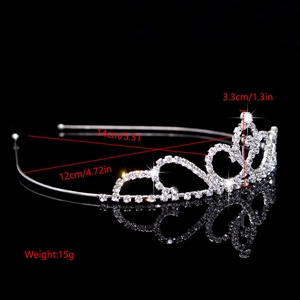Silver bridal tiara with clear rhinestones showing dimensions 14cm width and 15g weight