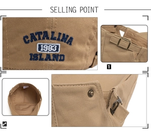 Detailed views of khaki cotton newsboy cap showing embroidery and metal buckle