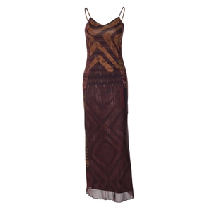 Robe longue d'été pour femmes avec col en V, dos nu et imprimé ethnique vintage marron