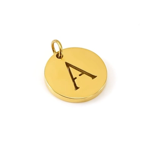 Polished gold stainless steel round pendant with a hollow letter A cut-out design