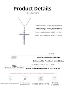 Size chart showing S925 silver moissanite cross necklace dimensions from 0.36ct to 3.6ct
