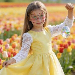 Detail of Easter face stickers with flower patterns and glitter eggs on a young girl