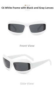 Lunettes de soleil futuristes C6, monture blanche, verres gris, vues de face et de profil