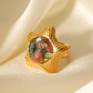 Starfish Ring Stainless Steel Colorful Natural Stone Crushed Inlaid Open Adjustable Bohemian Jewelry For Women Non Fading