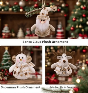 Detailed view of handmade plush Santa, Snowman and Reindeer ornaments with plaid fabric