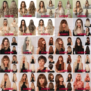 Detailed catalog showing long wavy synthetic hair wigs in various gradient brown colors