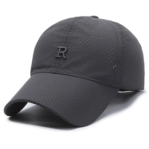 Breathable charcoal grey baseball cap with perforated mesh and 3D letter R embroidery