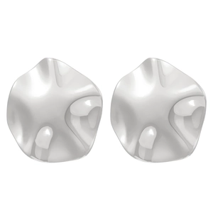 Detailed view of irregular wavy silver stud earrings with smooth mirror finish texture