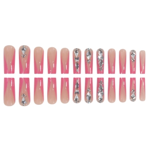Pink French long coffin press-on nails with luxury rhinestones and butterfly accents