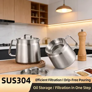 304 Stainless Steel Oil Strainer Pot With Fine Mesh Filter Dustproof Grease Storage Container For Kitchen Cooking