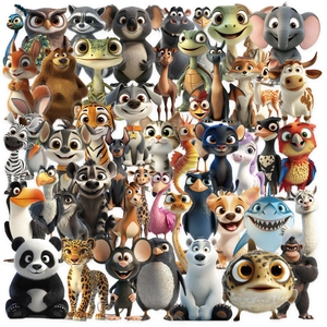Detailed macro view of multiple 3D cartoon animal stickers with vibrant colors on white background