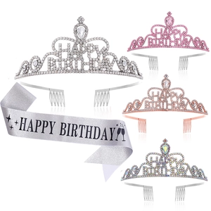 Happy Birthday Crown And Sash Rhinestone Alloy Tiara Glitter Fabric Birthday Girl Party Decorations For Women Girls