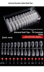 Size chart for 504 pieces almond-shaped matte press-on nails with 10 different dimensions