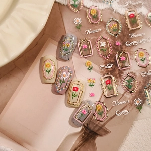 3D vintage floral nail stickers with gold frame rose patterns and embossed relief textures