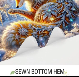 Detail showing the durable sewn bottom hem on the 3D printed fox pattern shower curtain