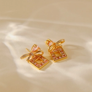 Vintage 18K gold plated stud earrings with pink bow and hollow square pendant charms