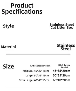 Tableau des tailles pour bac à litière en inox avec dimensions par modèle