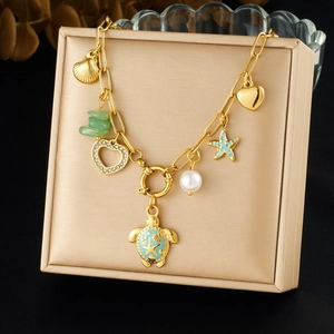 Stainless Steel Ocean Theme Necklace Gold Plated Sea Turtle Starfish Shell Pendant Faux Artificial Pearl Green Stone Jewelry Women