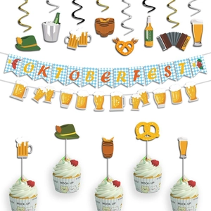 Oktoberfest Party Decoration Banner Hanging Swirls Cupcake Toppers Bavarian Beer Festival Blue White Checkered Paper Plastic