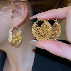Luxury 18k gold plated hoop earrings with layered chain tassels and zircon stones