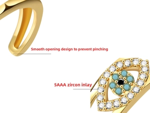 Detail of evil eye ring with 5AAA cubic zirconia inlay and polished adjustable band