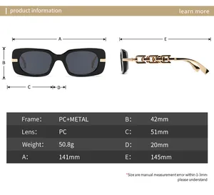 Detailed size specifications for square frame sunglasses with 141mm width and PC materials