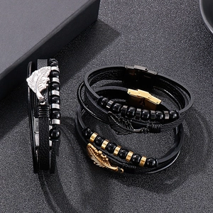 Men's multilayer braided leather bracelet set with metallic feather charm and beads
