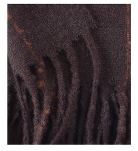 Detailed close-up of dark brown plaid scarf with orange accents and soft fringed edges