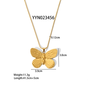 Detailed dimensions of gold butterfly pendant necklace with 3.9cm width and 5cm extender