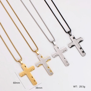 Hip hop stainless steel cross necklaces in gold, silver, and black finishes on white background