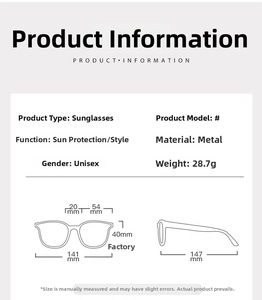 Detailed size chart for metal sunglasses showing frame width, lens height, and arm length
