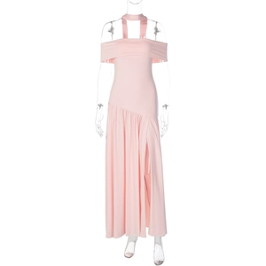 Detail of elegant pink off-shoulder maxi dress with a high side slit and neck tie design