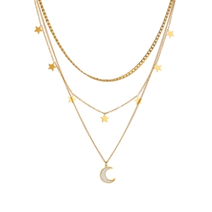 Three-layer gold titanium steel necklace featuring moon and star pendants on white background