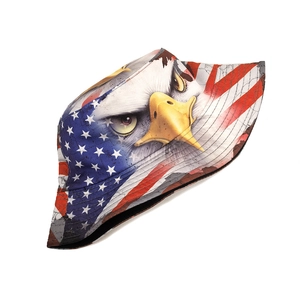 Detailed top view of reversible bucket hat featuring eagle and American flag digital print