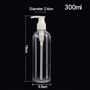 Detailed dimensions of 300ml transparent PET pump bottle with height and diameter specs