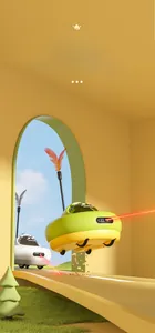 Detail showing the smart pet food dispenser car with automatic laser and feather toy