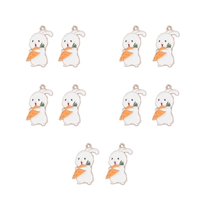 Detail of 10 enamel rabbit charms with carrots in white and orange for DIY jewelry