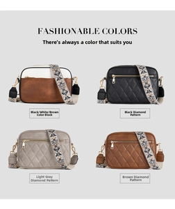 Detailed grid view of quilted crossbody bags in black, gray, and brown with wide woven straps