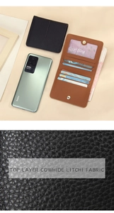Detail of top layer cowhide litchi leather wallet with multiple card slots and photo window