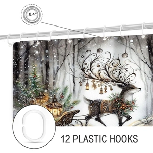 Detail of rustproof metal grommets and 12 plastic hooks for Christmas deer shower curtain