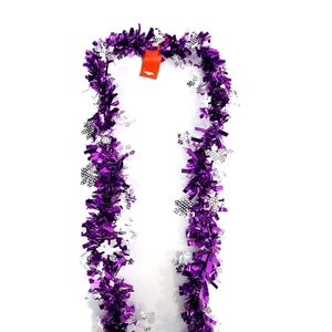 Sparkling purple Christmas tinsel garland with silver snowflake patterns for holiday decor