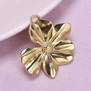 Polished golden stainless steel flower pendant charm with a glossy finish for jewelry making