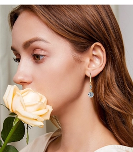 Close-up of elegant S925 sterling silver drop earrings with moissanite on a model