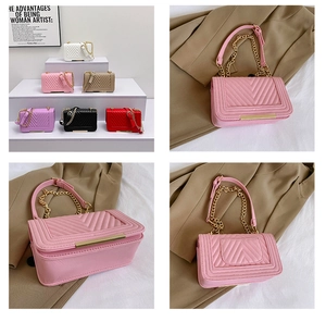 Detail view of colorful V-quilted handbags featuring chain straps and metallic closures