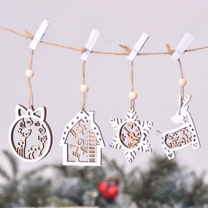 3D hollow wooden Christmas ornaments set featuring reindeer and snowflake designs