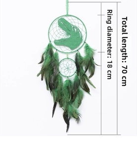 Detail of green dinosaur dreamcatcher showing 18cm hoop and 70cm total length